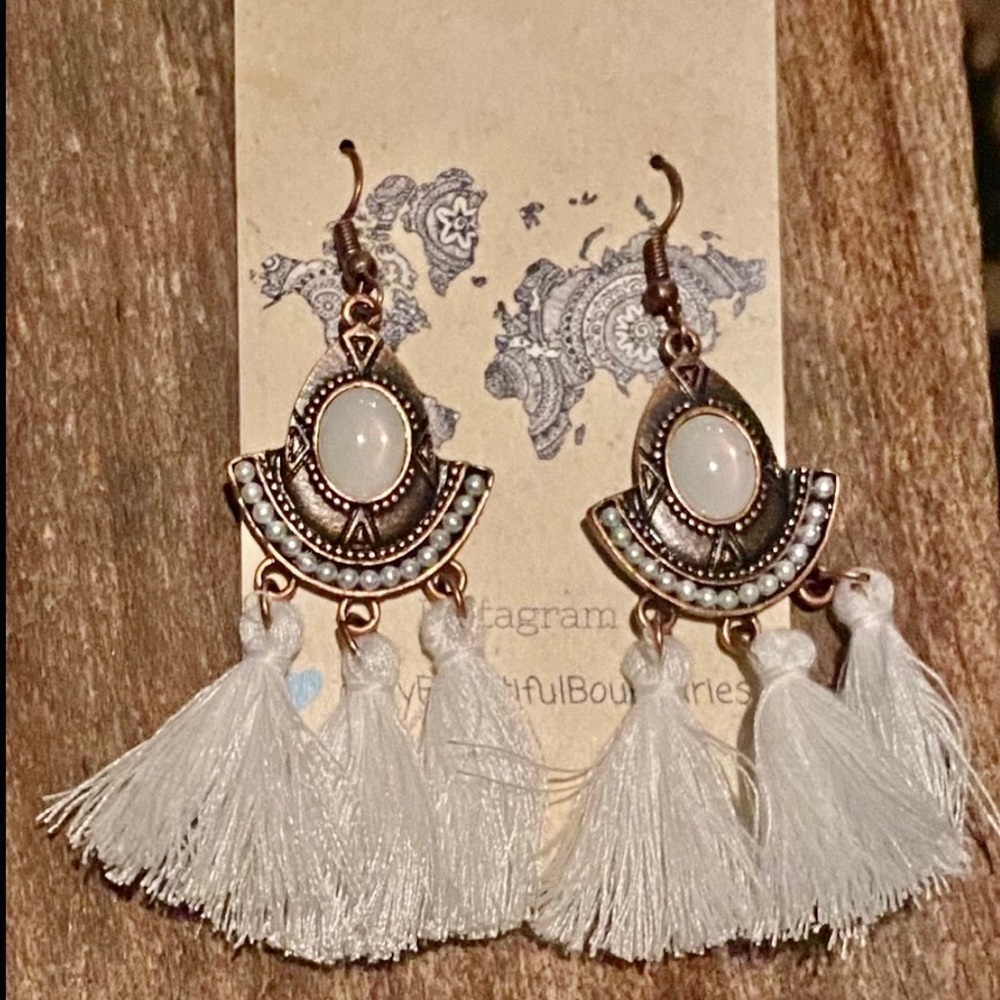 Bohemian White Tassel with Pearl Earrings